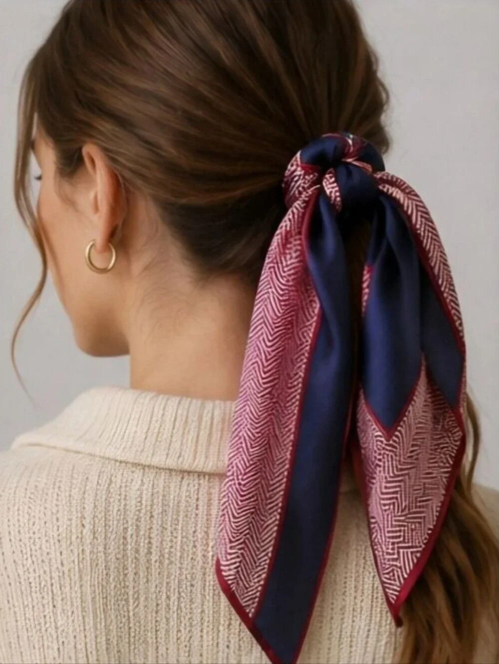 Vintage 1970s Silk Dorce Red White Blue Herringbone Scarf
